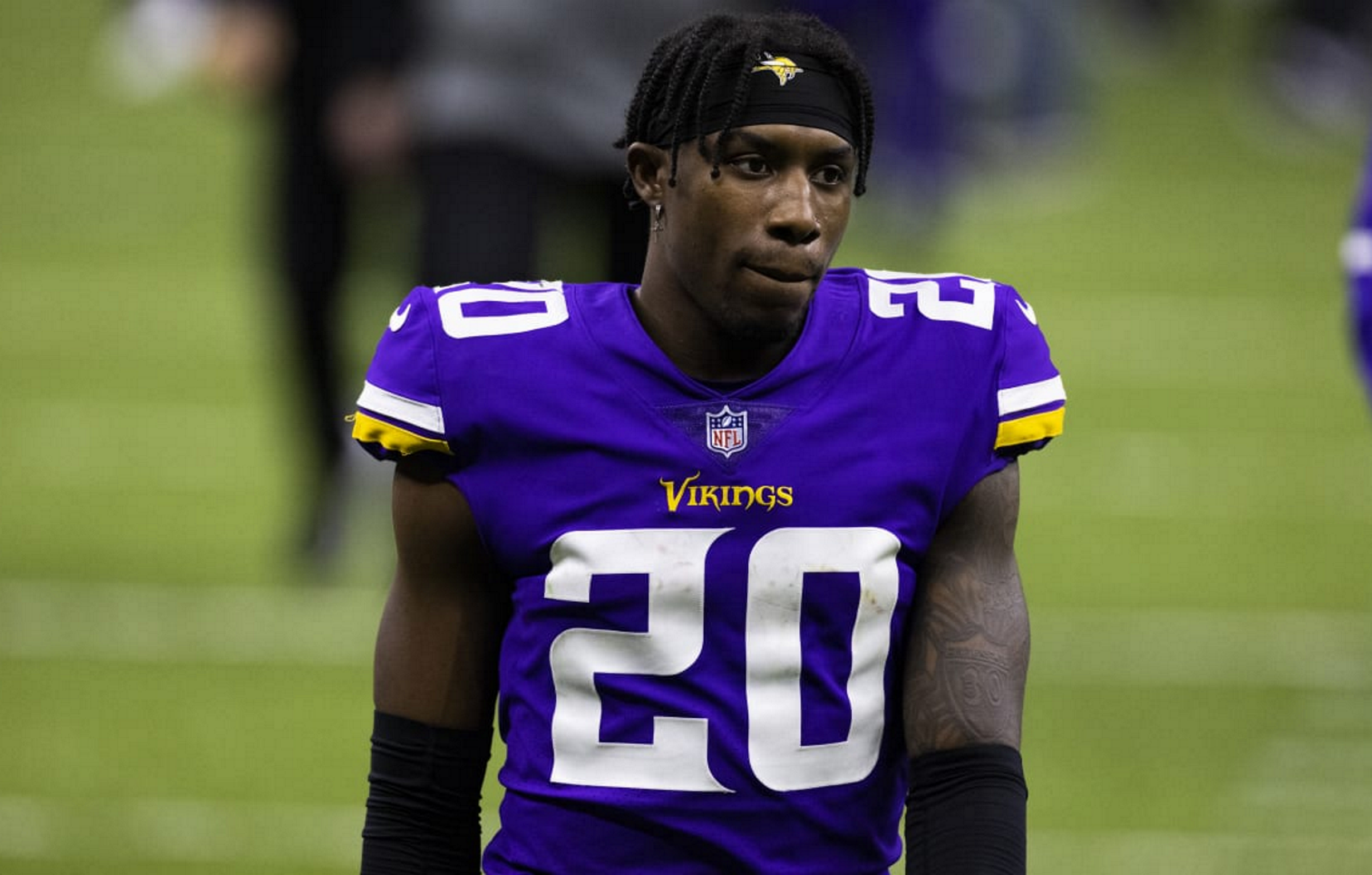 Minnesota Vikings cornerback Jeff Gladney (20) looks on in the