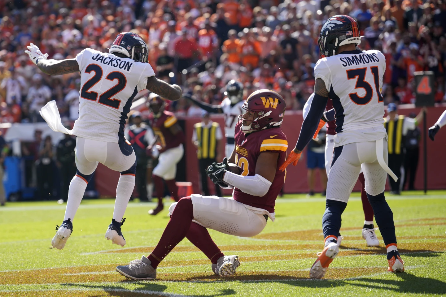Broncos safety Kareem Jackson disqualified for hit on Commanders tight end  Logan Thomas in end zone